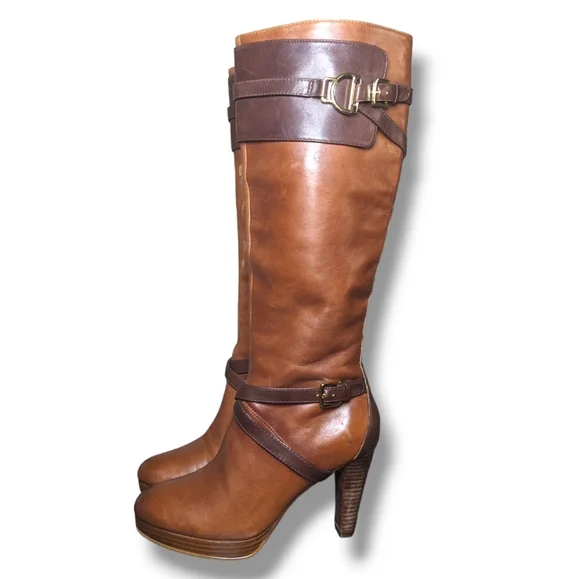 Cole Haan X Nike Air | Poppy Brown Leather Heeled Riding Boots Women's Size 6 - Picture 2 of 7